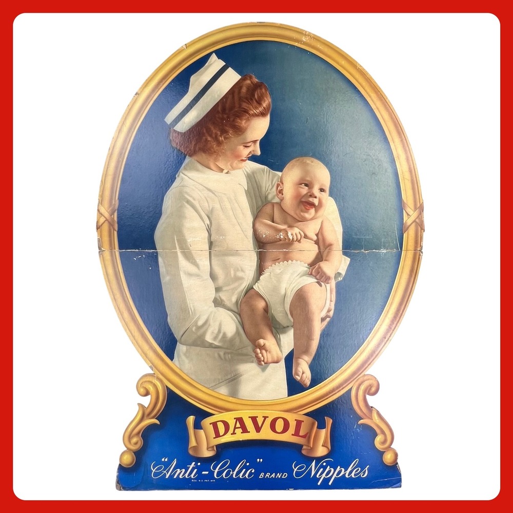 1940s Davol Nipples Vintage Advertising X-LARGE‎ SIGN 40" Cardboard Nurse Baby